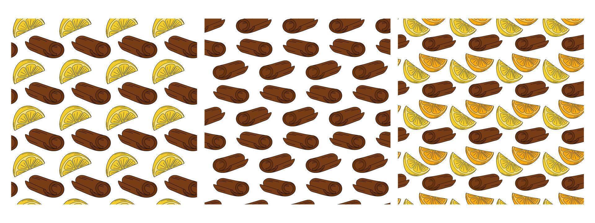 Cinnamon stick, Lemon and Orange slices Seamless Pattern Thematic cards Citrus Background idea Set . Isolated illustration Thematic cards, greeting, posters, social media, promo banner, leaflet vector