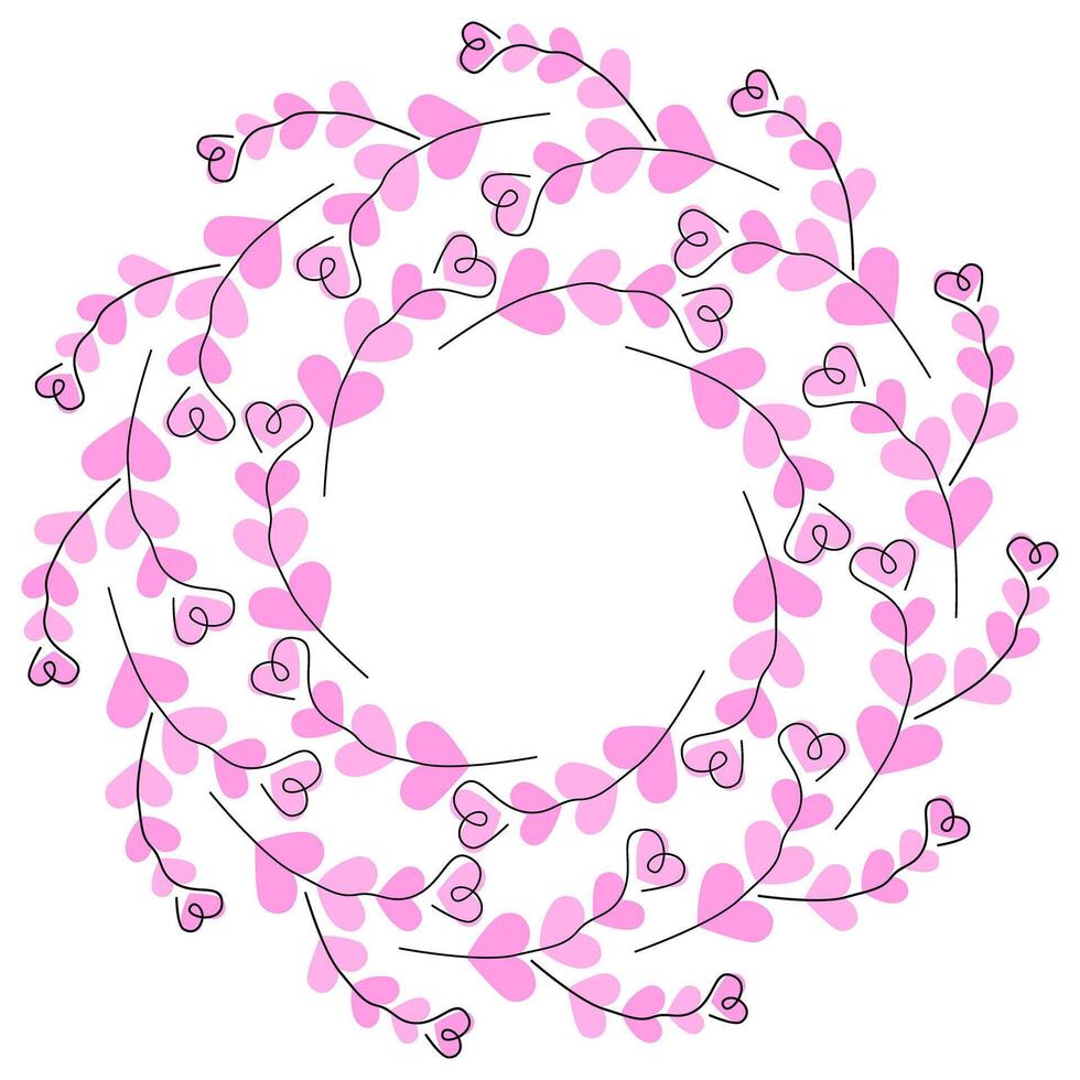 Charming hand drawn pink hearts shape twigs on hearts spots Circular Frame Copy space Template idea. illustration St Valentines Day Greeting Thematic Cards, promo leaflets, price, label, banner vector