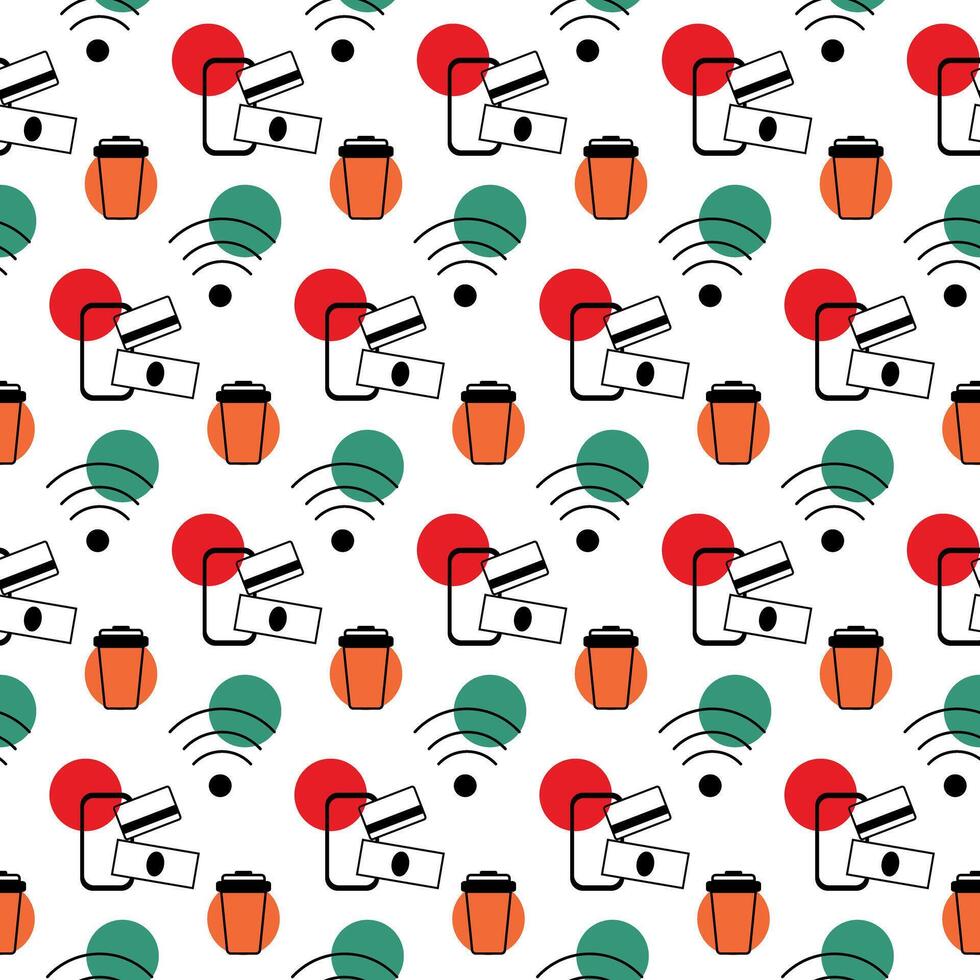 Disposable coffee cup Wi-Fi sign Smartphone with card and banknote Minimalist Icon Seamless Pattern. Isolated illustration Delivery promo or print materials, leaflets, labels, tags backgrounds vector