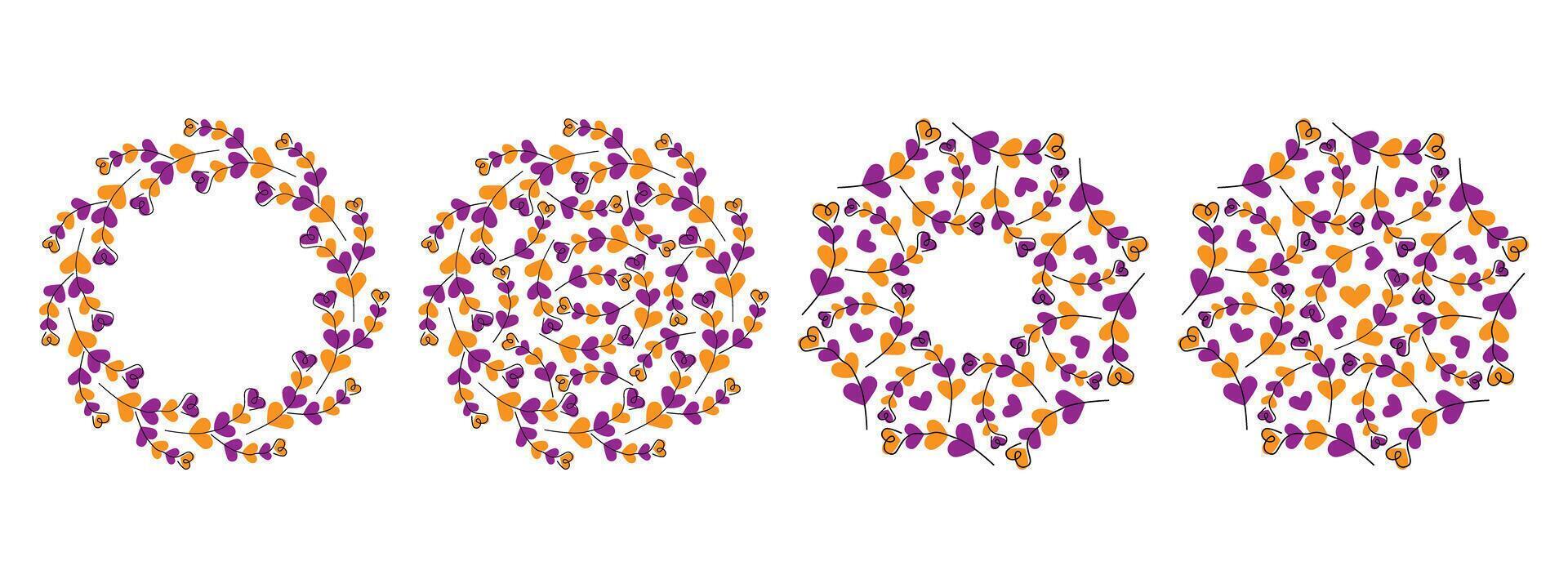 Hand drawn Heart shape twigs Circular Frames Copy space template and Backdrops in Halloweens shades. Isolated illustration Greeting Thematic Cards or promo banners, leaflets, labels, price tag vector