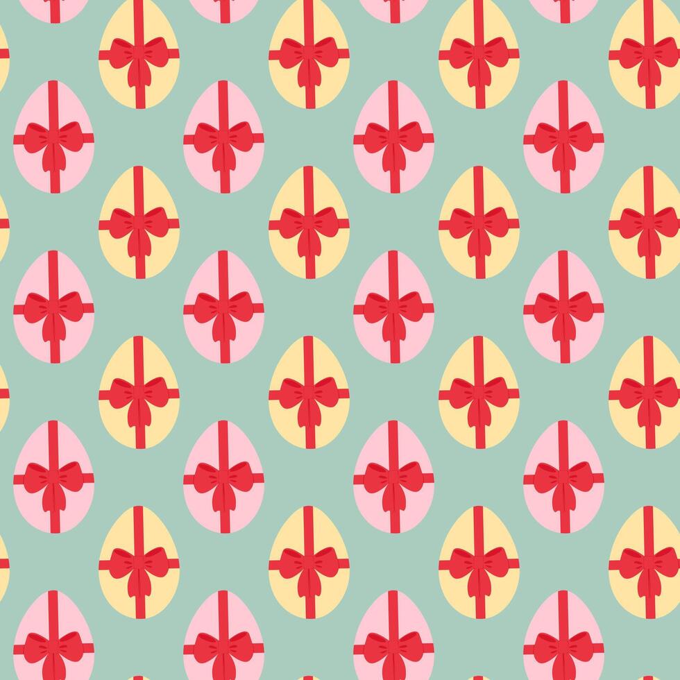 Pink and Blue colored Easter Eggs tied red ribbon bow Seamless Pattern on Trendy green Background. illustration Easter Greeting Thematic Cards Backdrop Wallpaper Wrapping, promo banner, leaflet vector