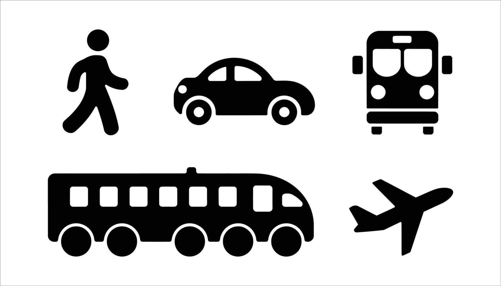 Set of travel and transportation icons including car, train, bus, airplane, and walking vector