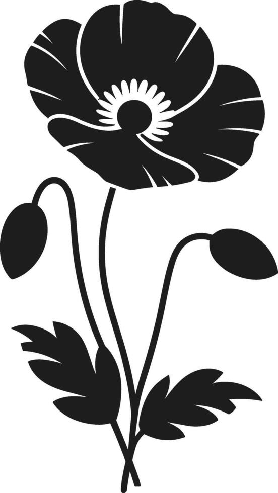 Minimalist Poppy Flower Silhouette with Leaves and Buds - Elegant Botanical Design vector