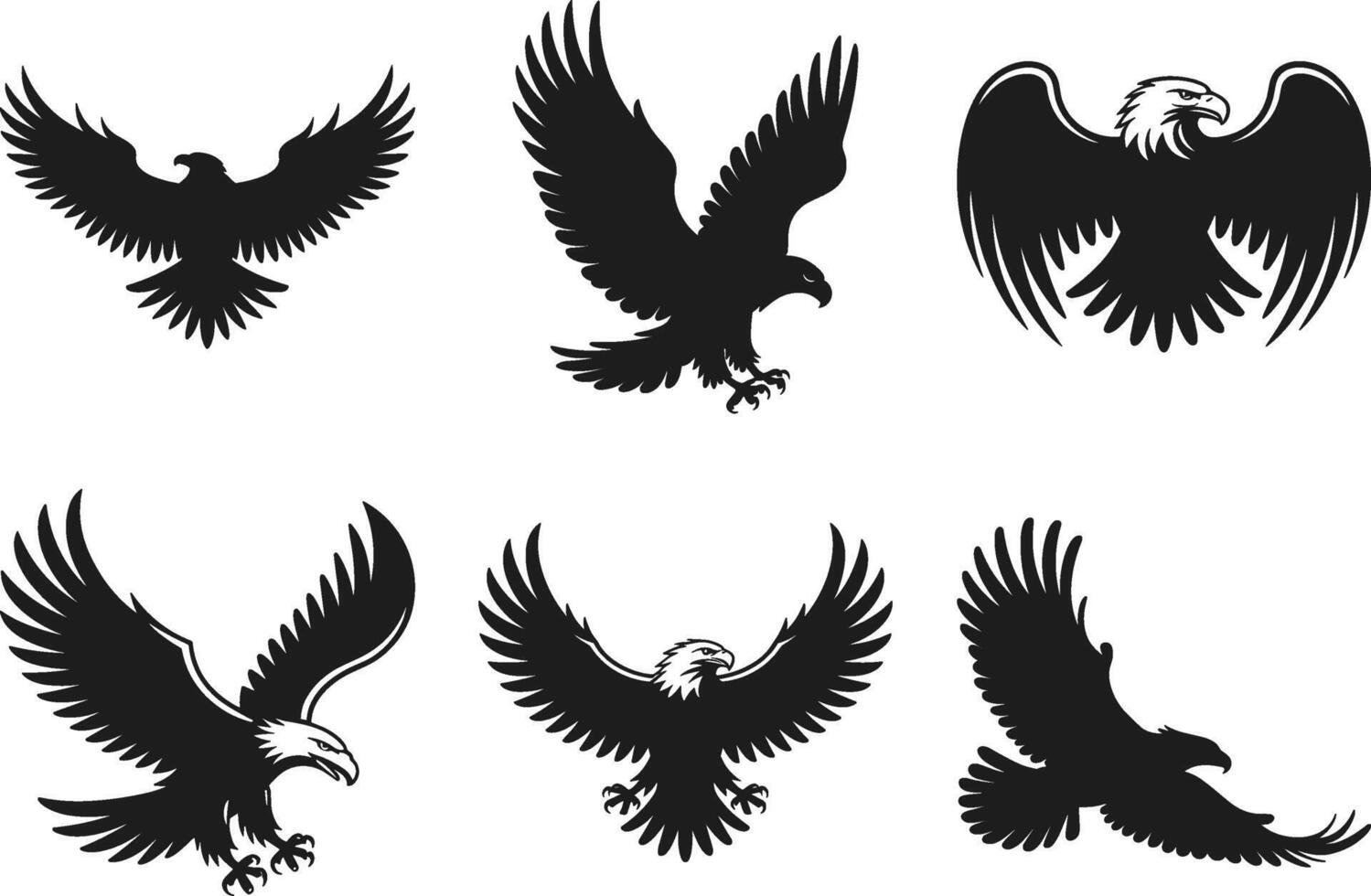 Set of Majestic Eagle Silhouettes - Black Illustrations in Flight and Attack Poses vector