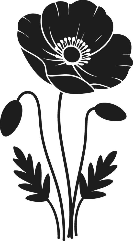 Poppy Flower Silhouette - Elegant Floral Design with Buds and Leaves vector
