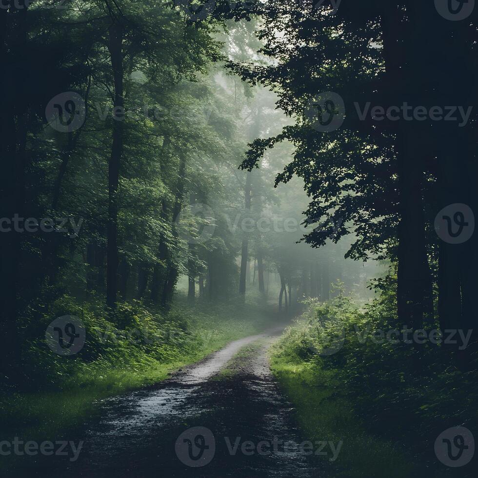 Mysterious foggy forest with a road in the middle. Nature background. photo
