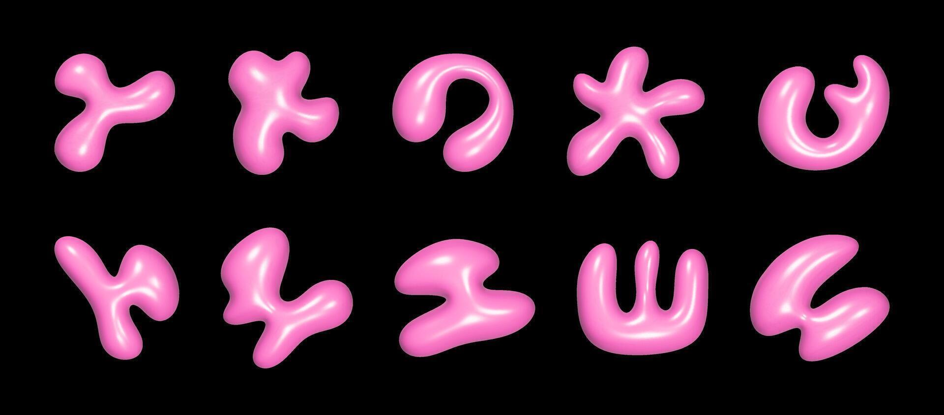 Various liquid smooth shapes in vibrant pink with a reflective plastic surface are arranged together, showcasing a modern and artistic design against a contrasting dark backdrop. vector