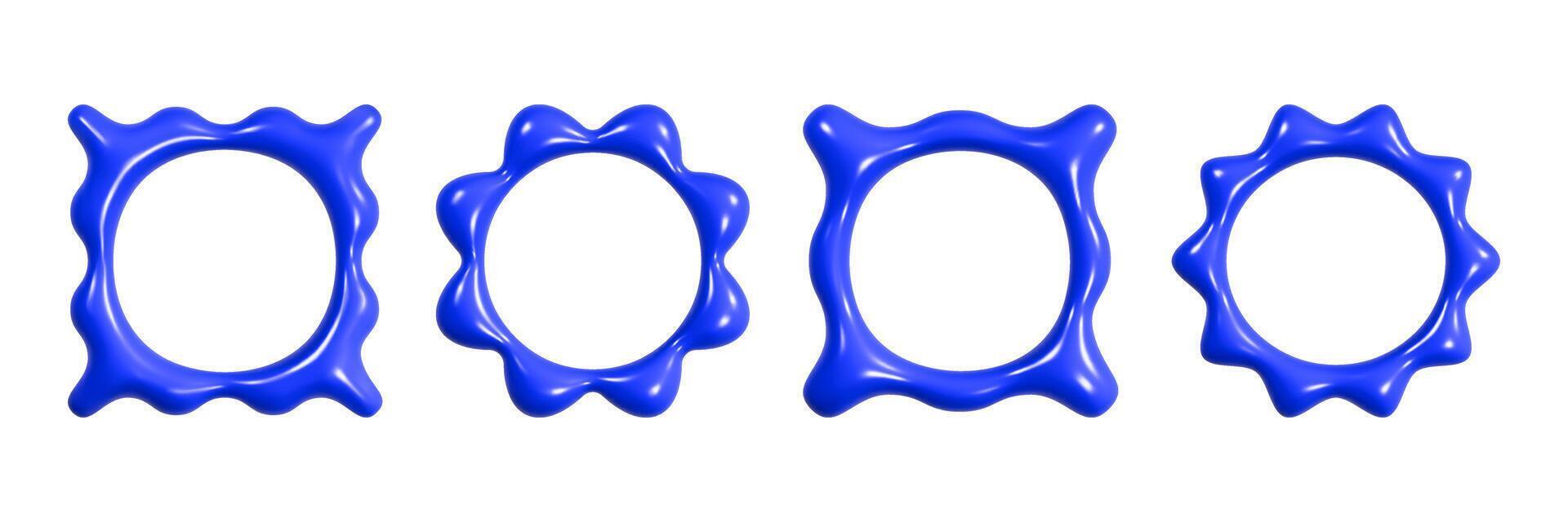 Wavy three-dimensional frames with glossy reflections in vibrant blue color, showcasing unique shapes and textures against a clean background vector