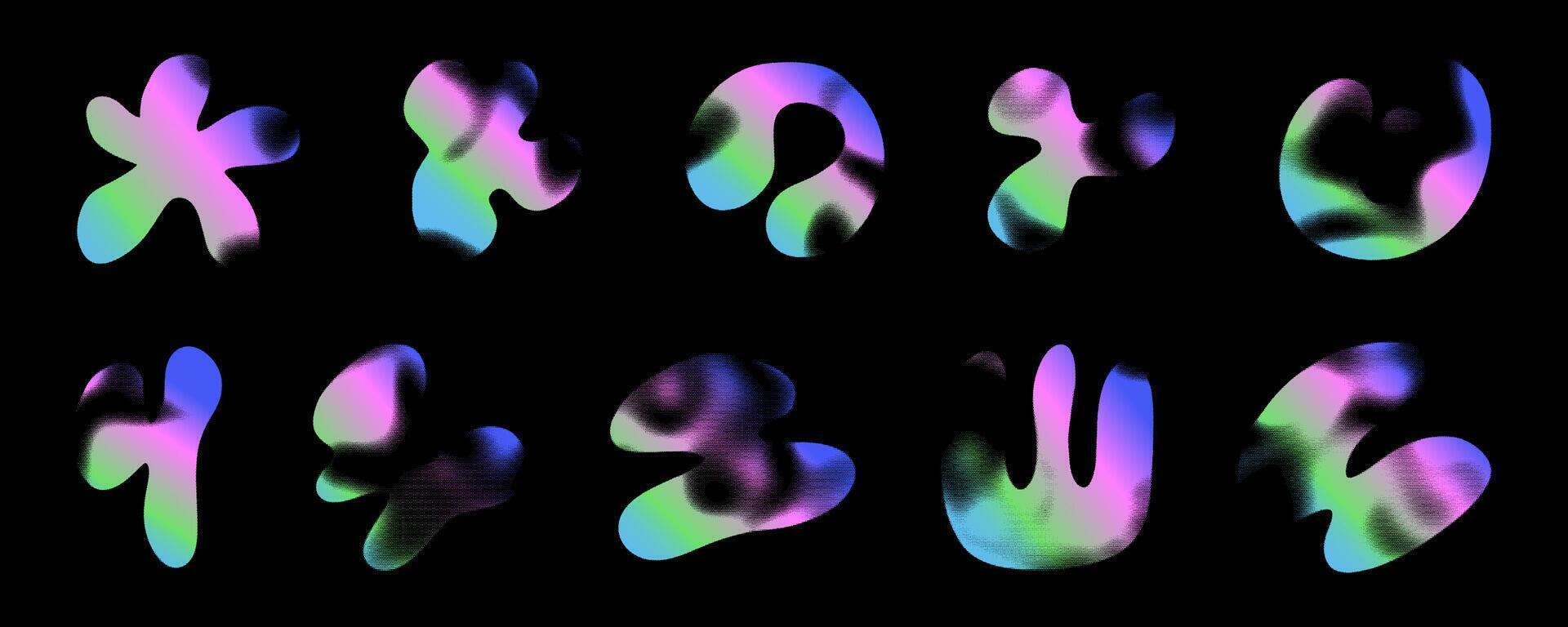 Dynamic liquid shapes with vibrant highlights and halftones creating an abstract visual experience on a dark background. vector