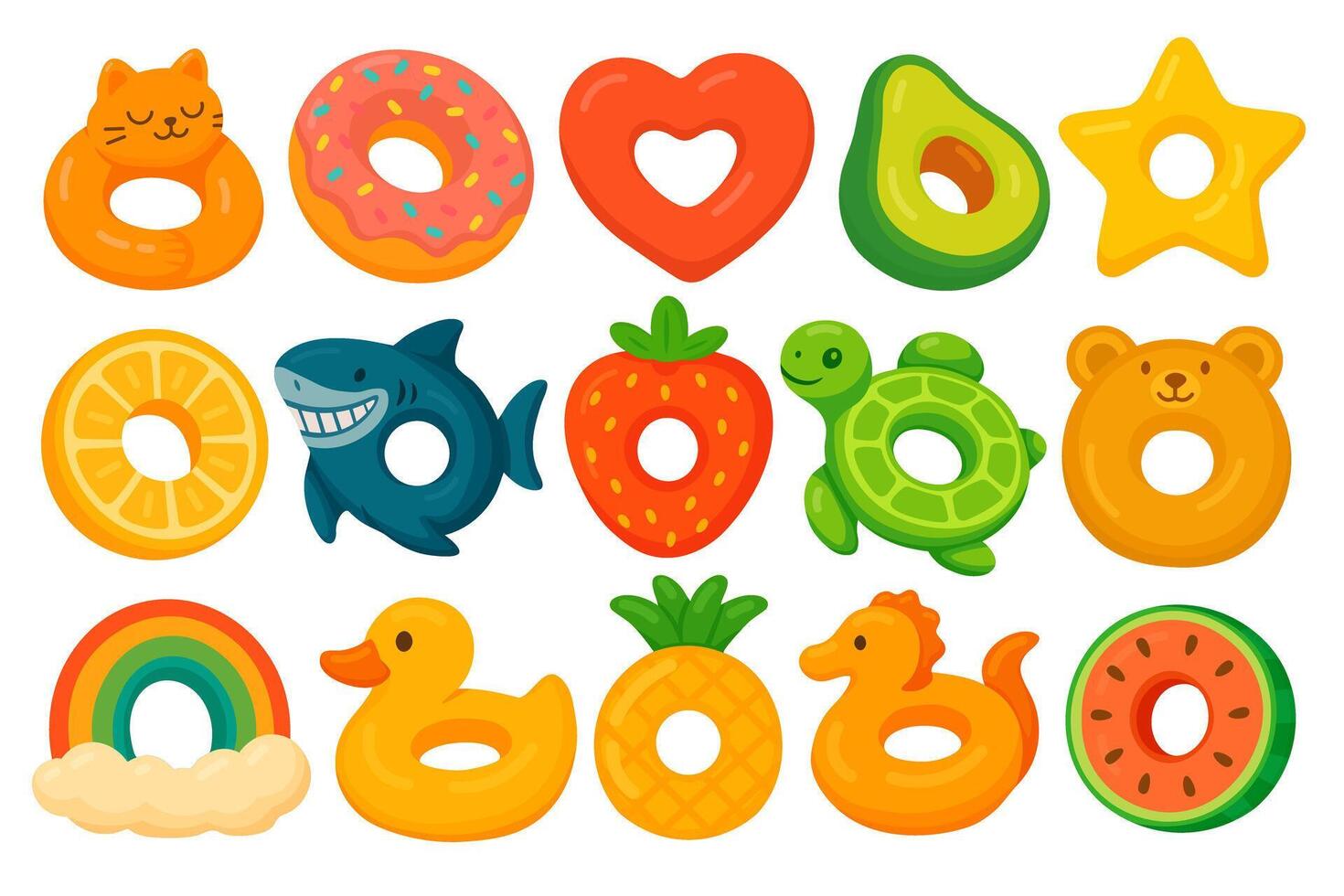 A bright collection of cartoon inflatable swim rings in fun shapes, perfect for summer designs. vector