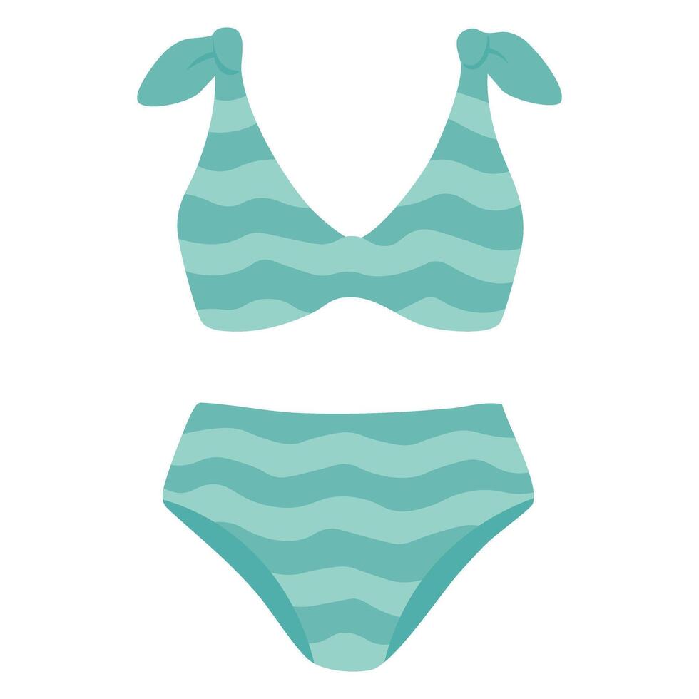 Trendy teal bikini with soft waves and cute knotted shoulder straps, perfect for beach days. vector