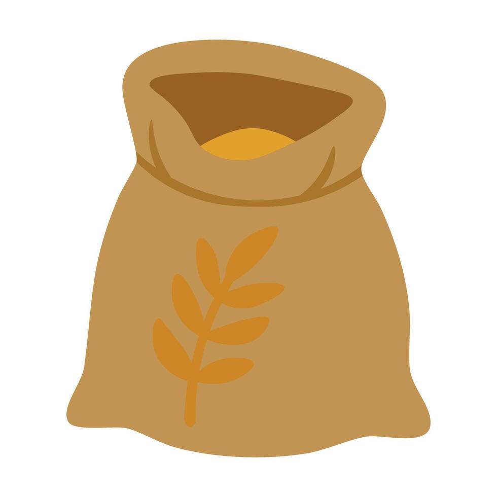 Flat illustration of a brown sack filled with golden grain, perfect for farm and harvest designs. vector