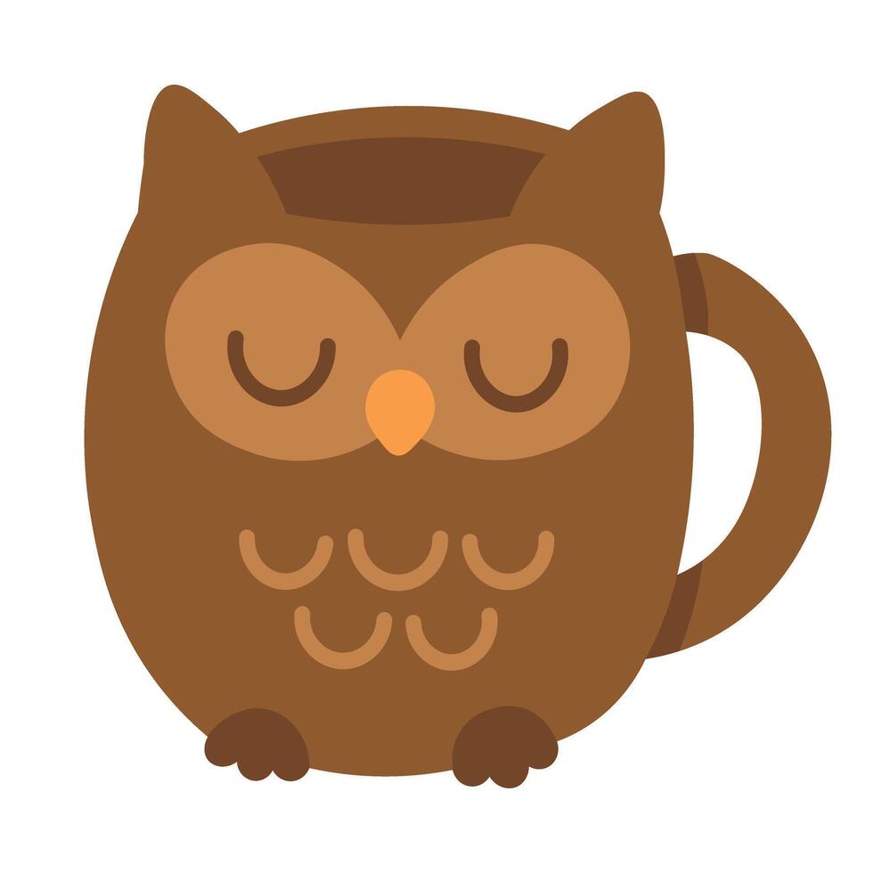 Brown mug shaped like a sleeping owl with closed eyes, perfect for cozy and calm designs. vector