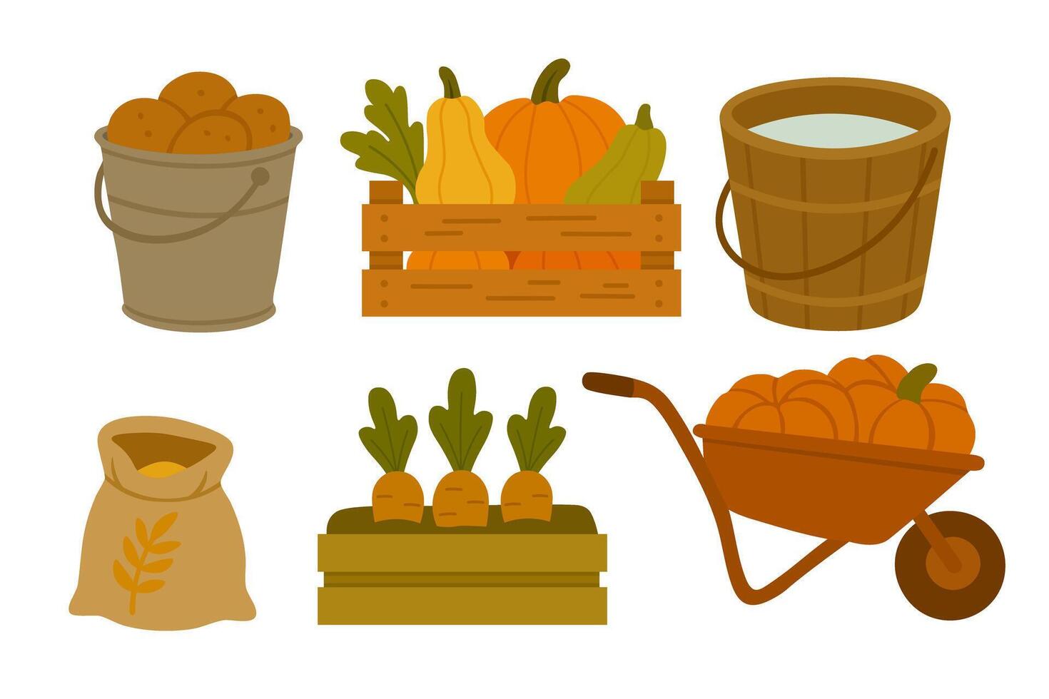 Cozy autumn clipart with vegetables in buckets, crates, sack and wheelbarrow on white background. vector