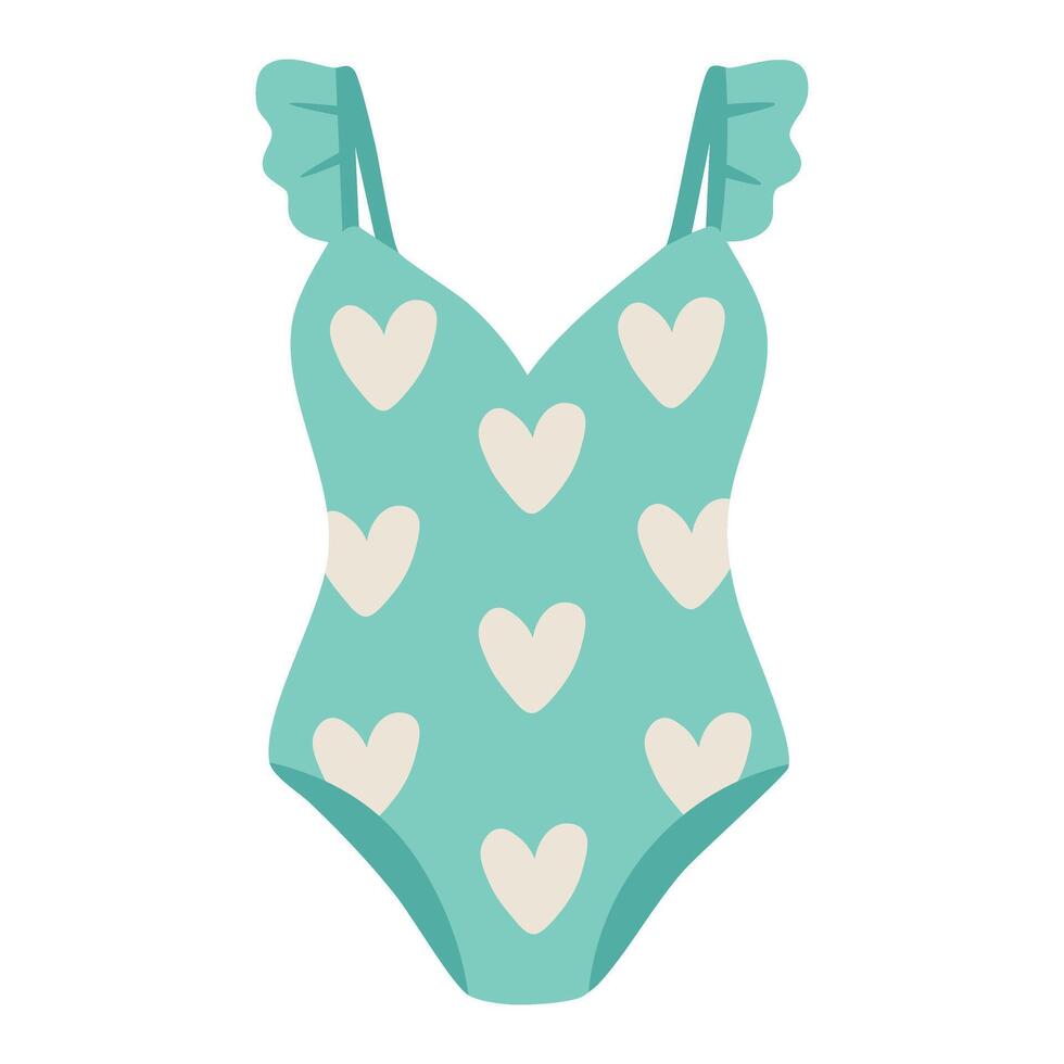 Cute mint one-piece swimsuit with white heart pattern and small ruffles on the straps. vector