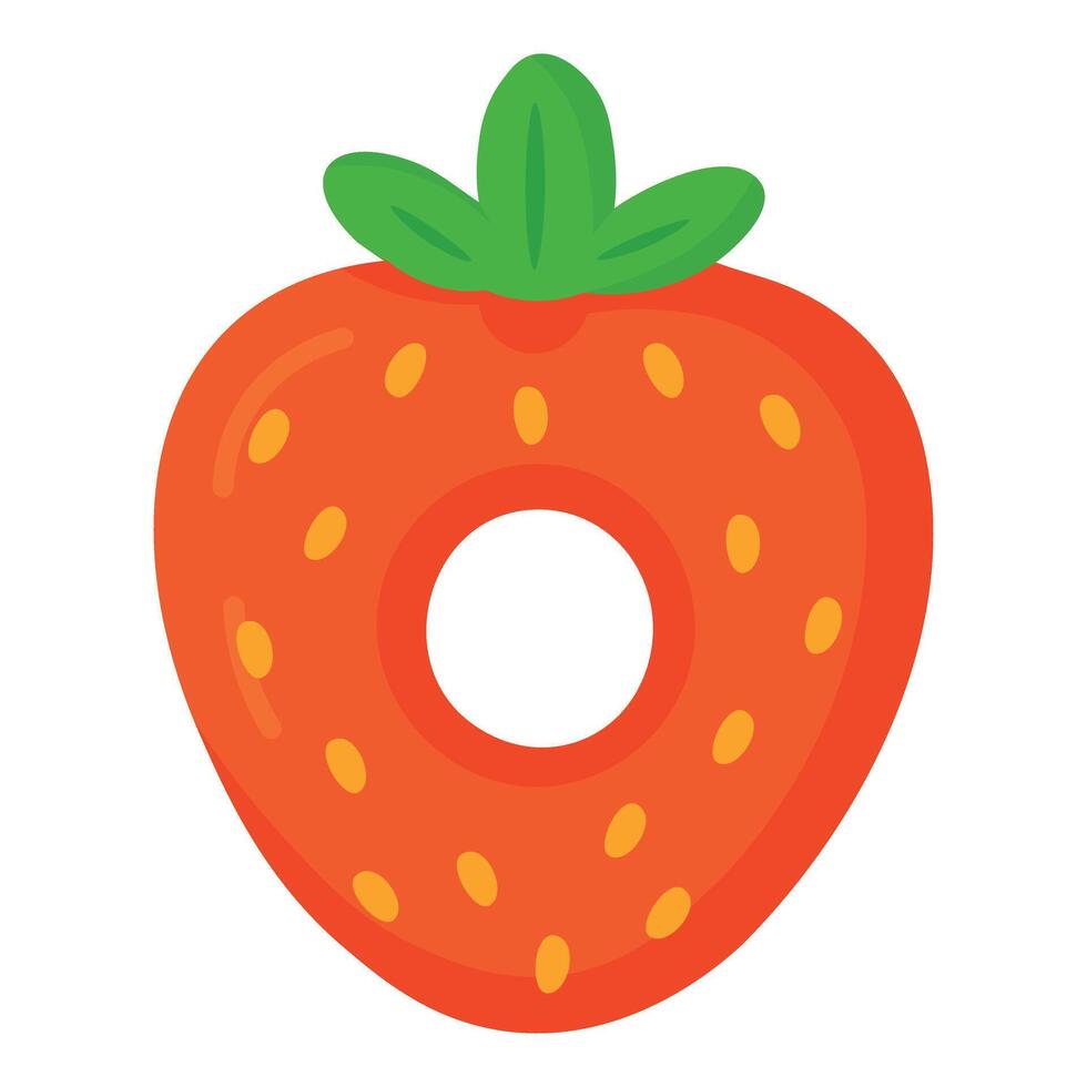 Bright inflatable swim ring shaped like a juicy red strawberry with green leaves, fun for summer. vector
