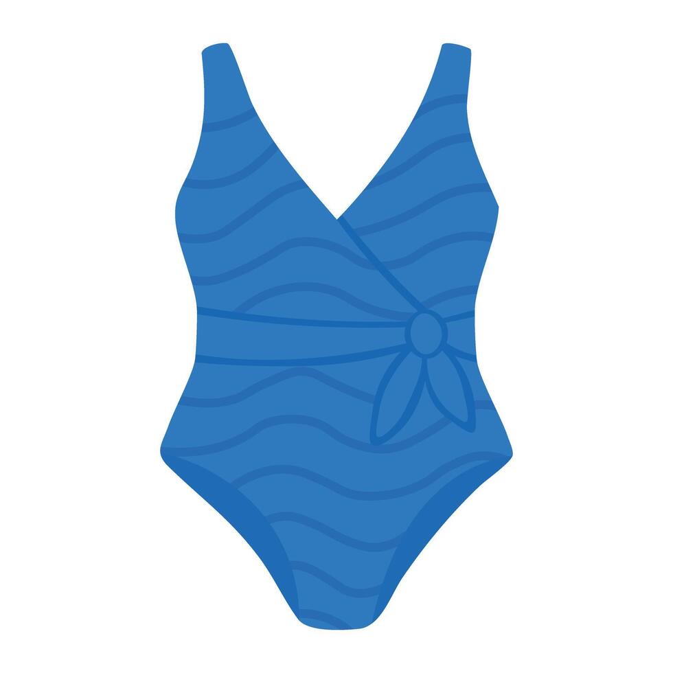 Bright blue one-piece swimsuit with wrap design and waves, stylish and flattering for summer. vector