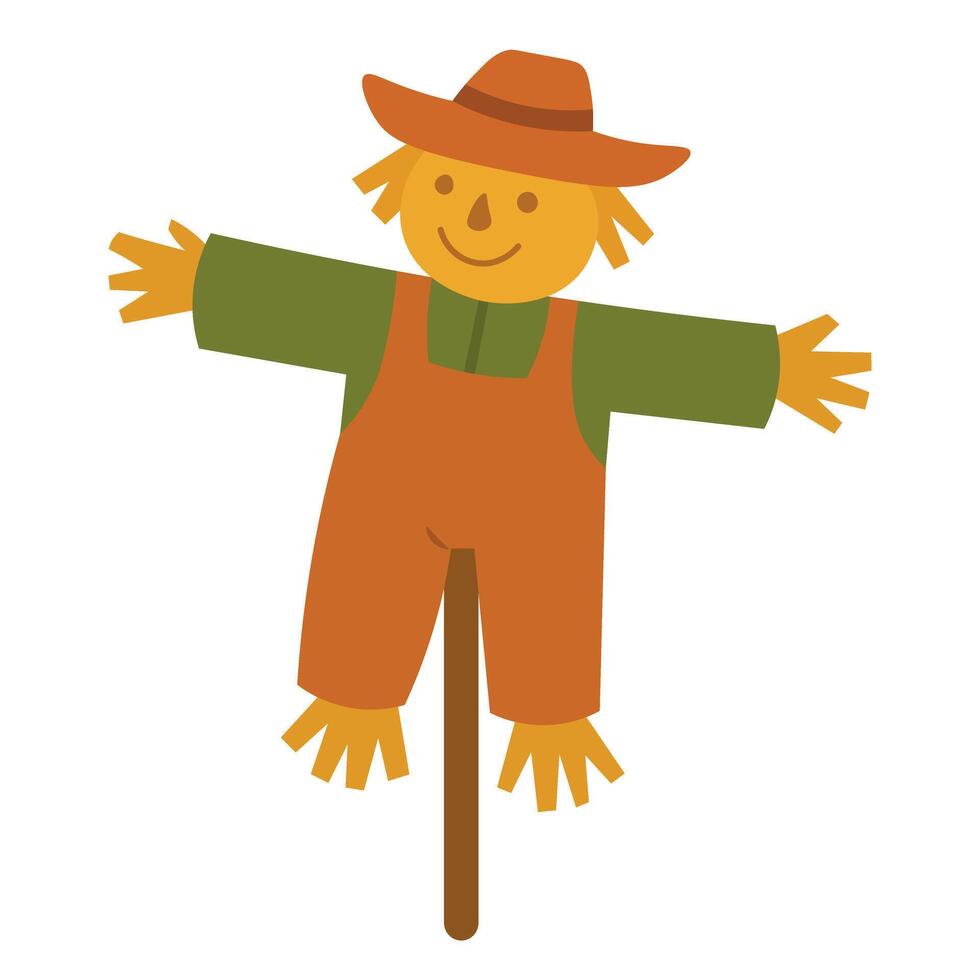 Cute flat illustration of a smiling scarecrow in orange overalls and hat on a stick. vector