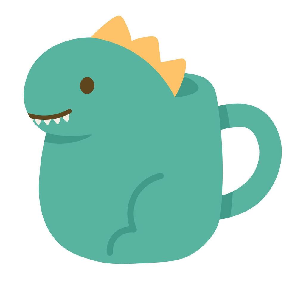 Funny green mug shaped like a dinosaur with spikes and teeth, perfect for kids and fun designs. vector