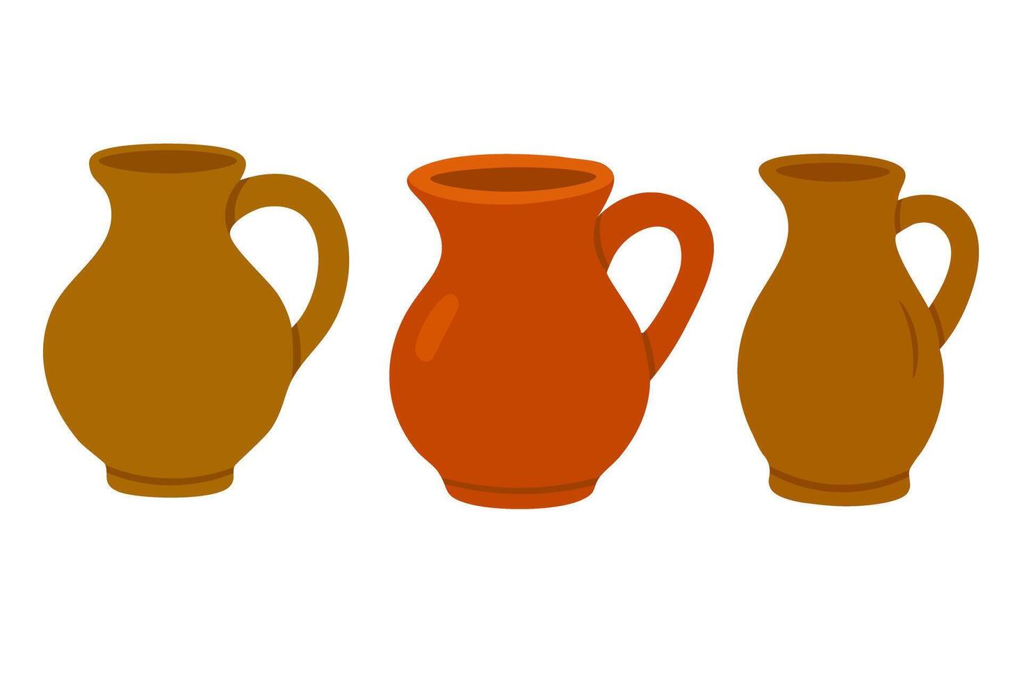 Flat set with three rustic clay jugs in warm colors. Farm-style pottery illustration. vector