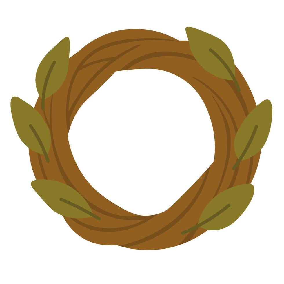 Simple flat style harvest wreath with brown twigs and green leaves for cozy seasonal design. vector