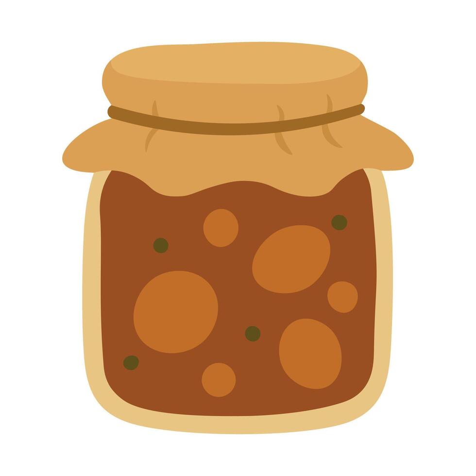 Flat illustration of a glass jar with homemade vegetable preserve, rustic harvest food design. vector