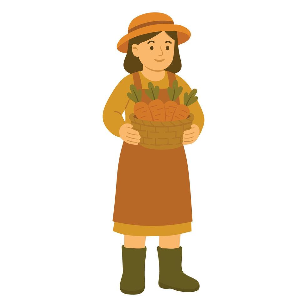Cartoon girl in farm clothes holding a basket full of carrots, rural harvest scene, flat style. vector