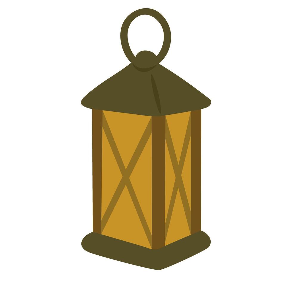Flat illustration of a rustic lantern with warm yellow glow and dark frame. vector