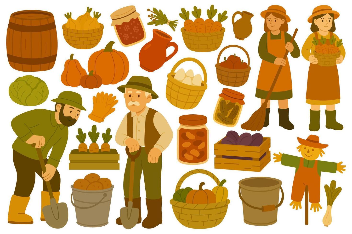 Cozy set with farmers, vegetables, baskets, jars and rustic fall harvest tools in cartoon style. vector