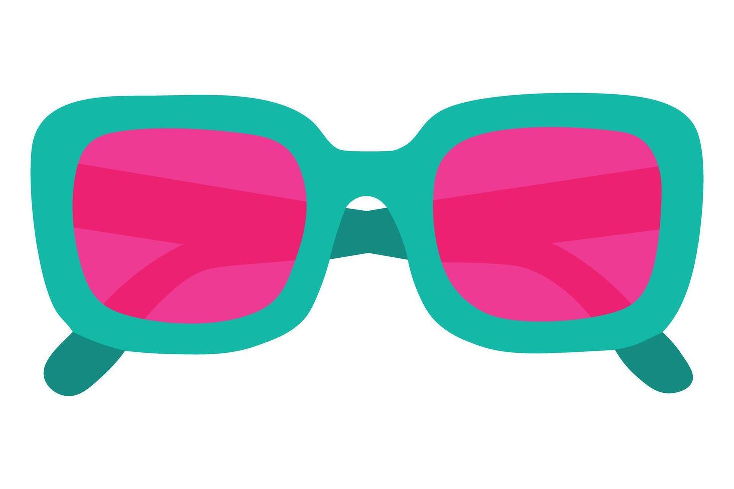 Stylish sunglasses with teal frame and glossy pink lenses, bold flat in cartoon style. vector