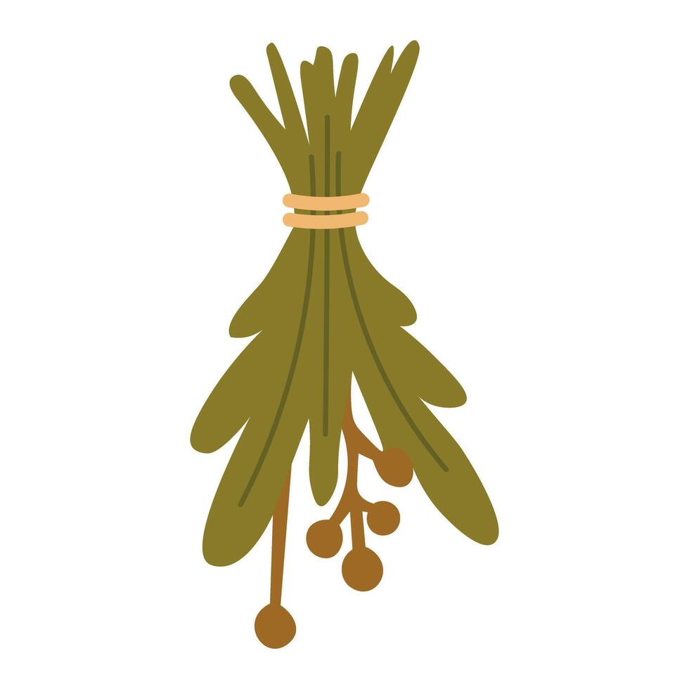 Flat illustration of a dried herb bundle tied with string, perfect for rustic harvest scenes. vector