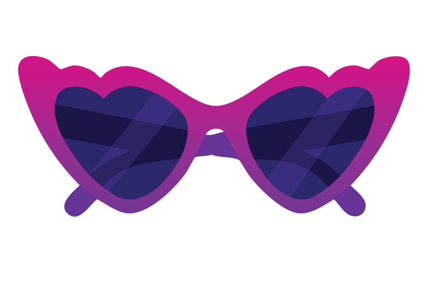 Bold cat eye sunglasses with heart-shaped purple lenses and magenta frame in cartoon flat style. vector