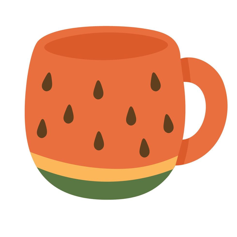 Funny orange mug styled like a watermelon with green bottom and seeds, perfect for summer fun. vector