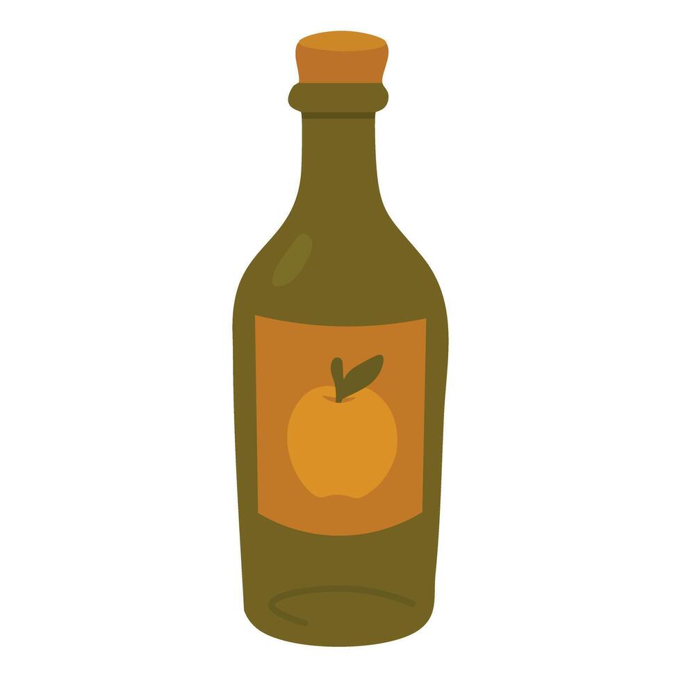 Glass bottle with apple label, flat illustration for farm product or autumn harvest theme. vector