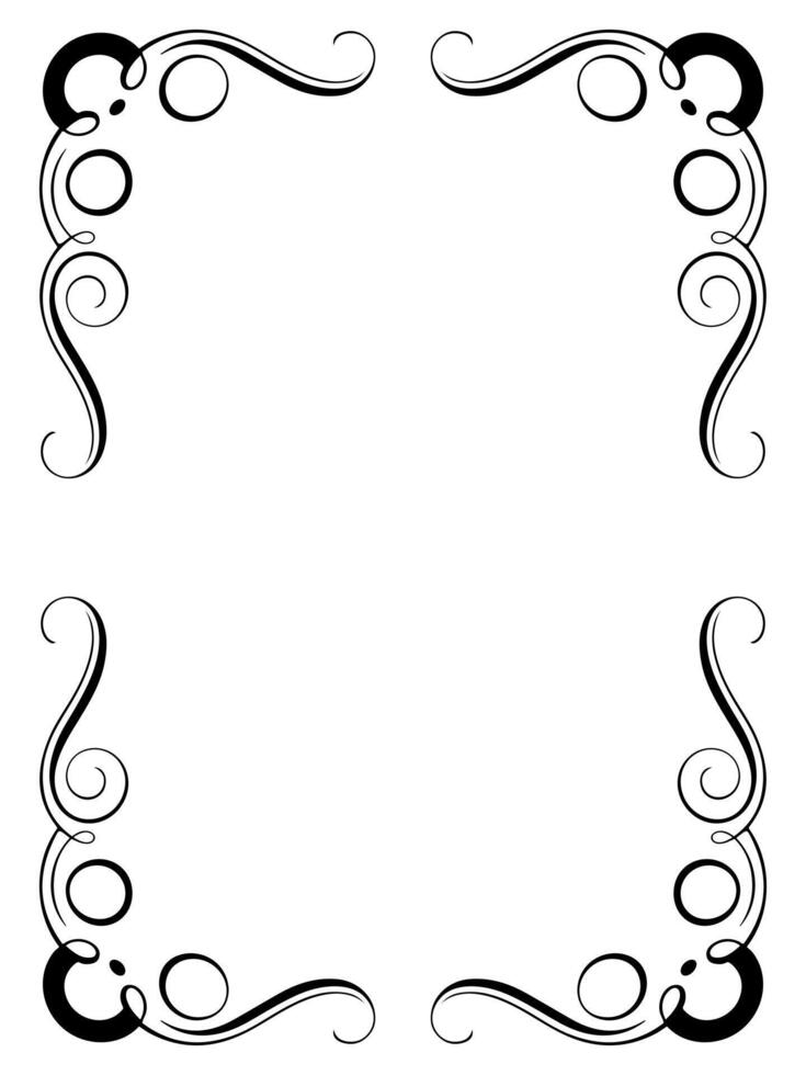 Elegant black decorative corner frame with swirling lines and circular accents on white background vector