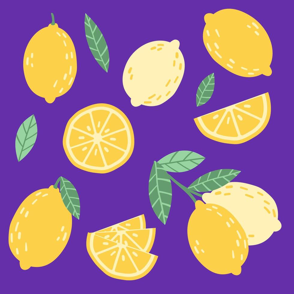 Cute set of lemon in yellow and blue colors. Tropical fruit slice, fresh green leaves, yellow lemons on a blue background. vector