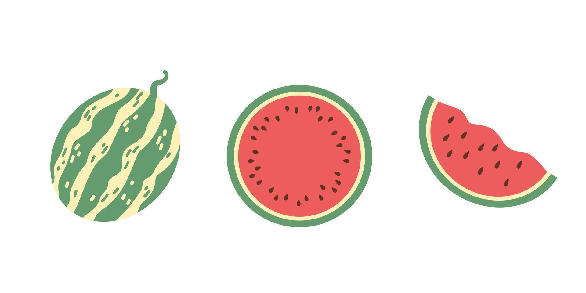 Set of simple abstract watermelon. Watermelon with red flesh is halved isolate on a white background. vector