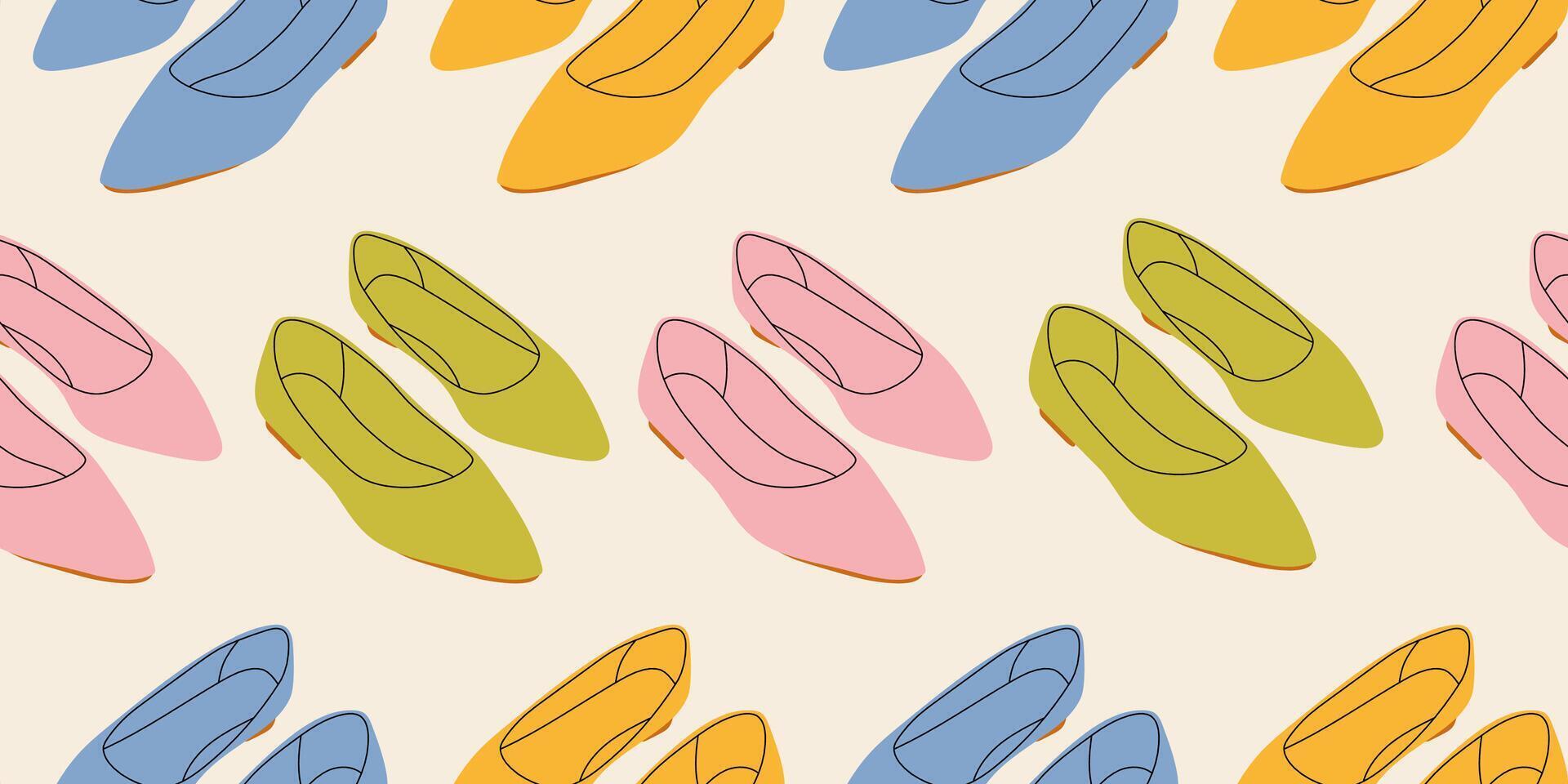 Seamless pattern of bright summer women's sandals in flat style vector