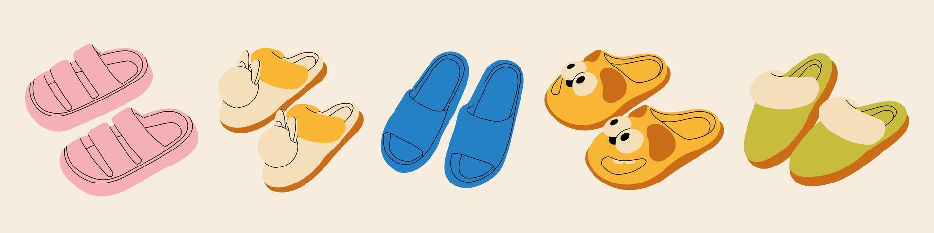 Set of colored summer sandals in cartoon style. illustration of various open summer sandals, low and high platform isolated on white background. Summer shoes. Summer womens and childrens shoes vector
