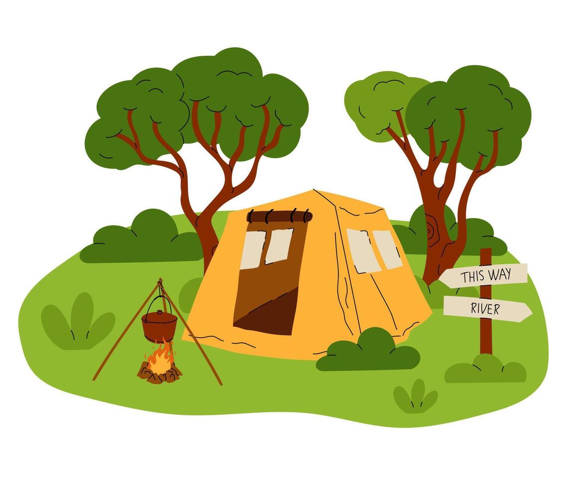 Camping composition. Landscape with trees and bushes. Camp tent and bonfire. Tourist campsite, outdoor adventure, campground in forest. Hiking tourism. Summer vacation cartoon flat illustration vector