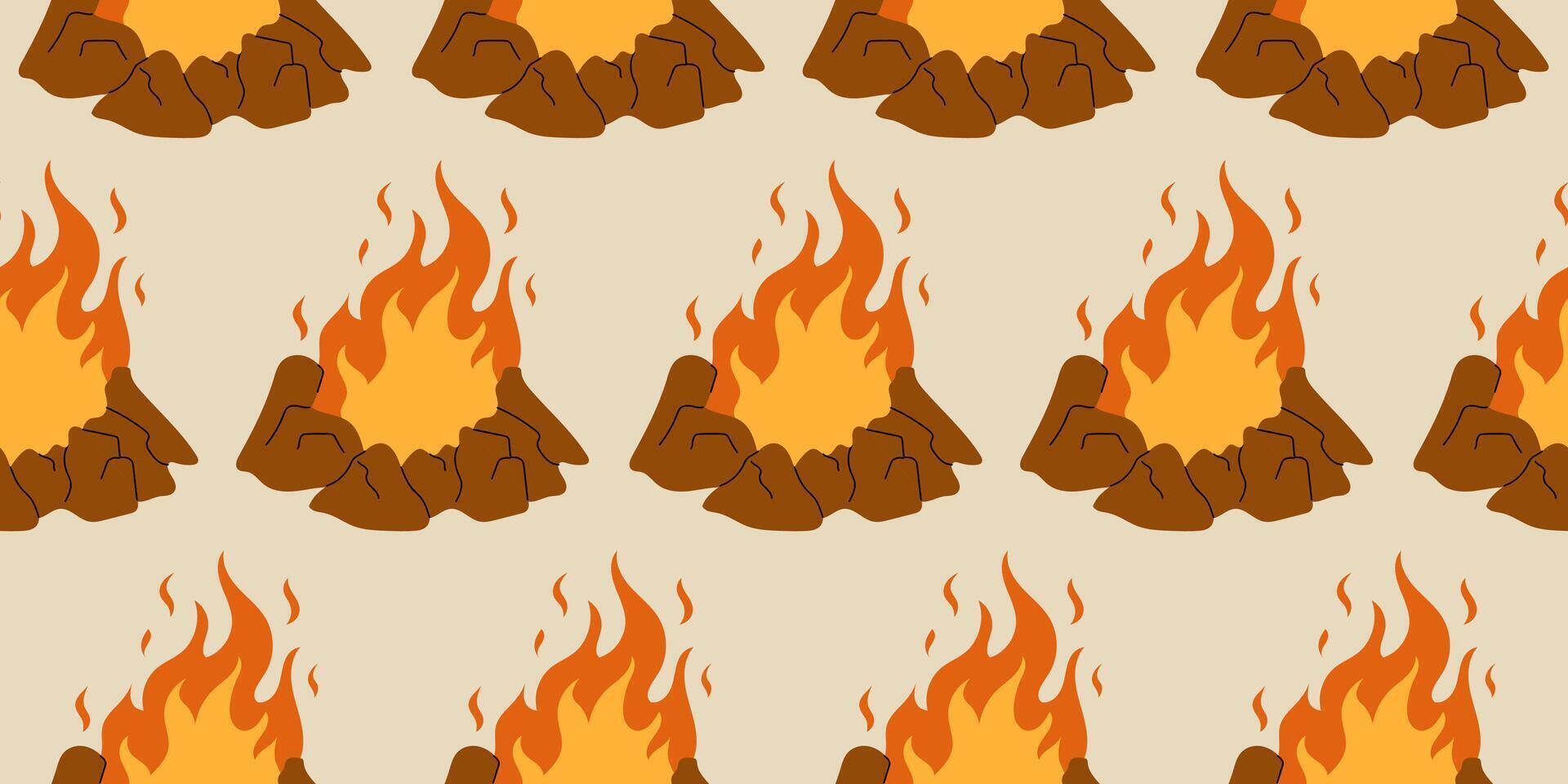 Fire symbols seamless pattern illustration spurts of flame red orange background for web pages wallpaper packaging. vector