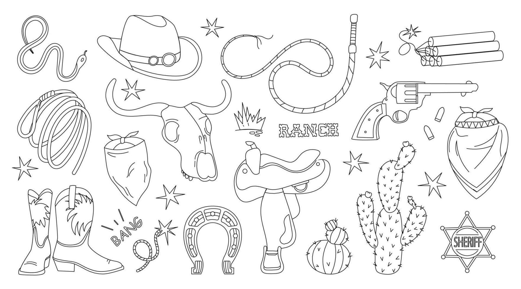 Wild West set hand drawn doodle. Western. Cowboy clothes, hat, boots, bandana. Sheriff badge. Desert cacti. Revolver shooting. Buffalo skull. Lasso, whip. line art illustration. vector