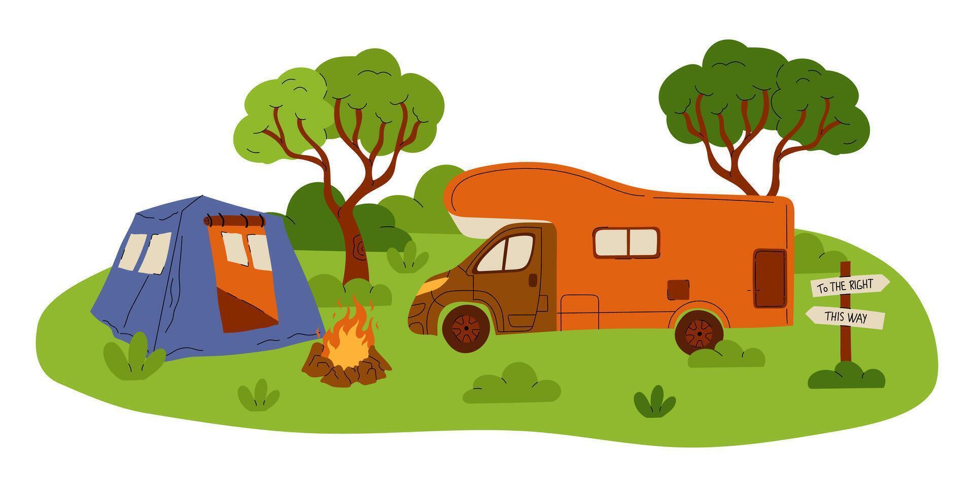 Camping composition. Landscape with trees and bushes. Camp tent and bonfire, car and van. Tourist campsite, outdoor adventure in forest. Hiking tourism summer vacation cartoon flat illustration vector