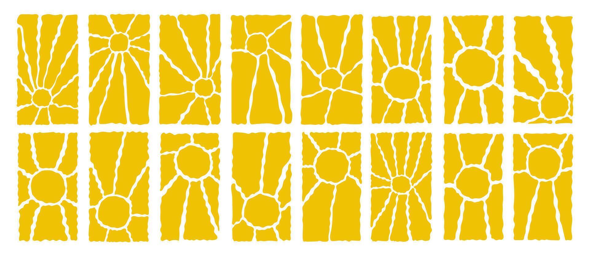 Groovy hippie y2k retro sun background or contemporary summer sunburst banner with abstract organic doodle shape and wavy yellow floral pattern in 70s naive boho style. Groovy sun explosion. vector