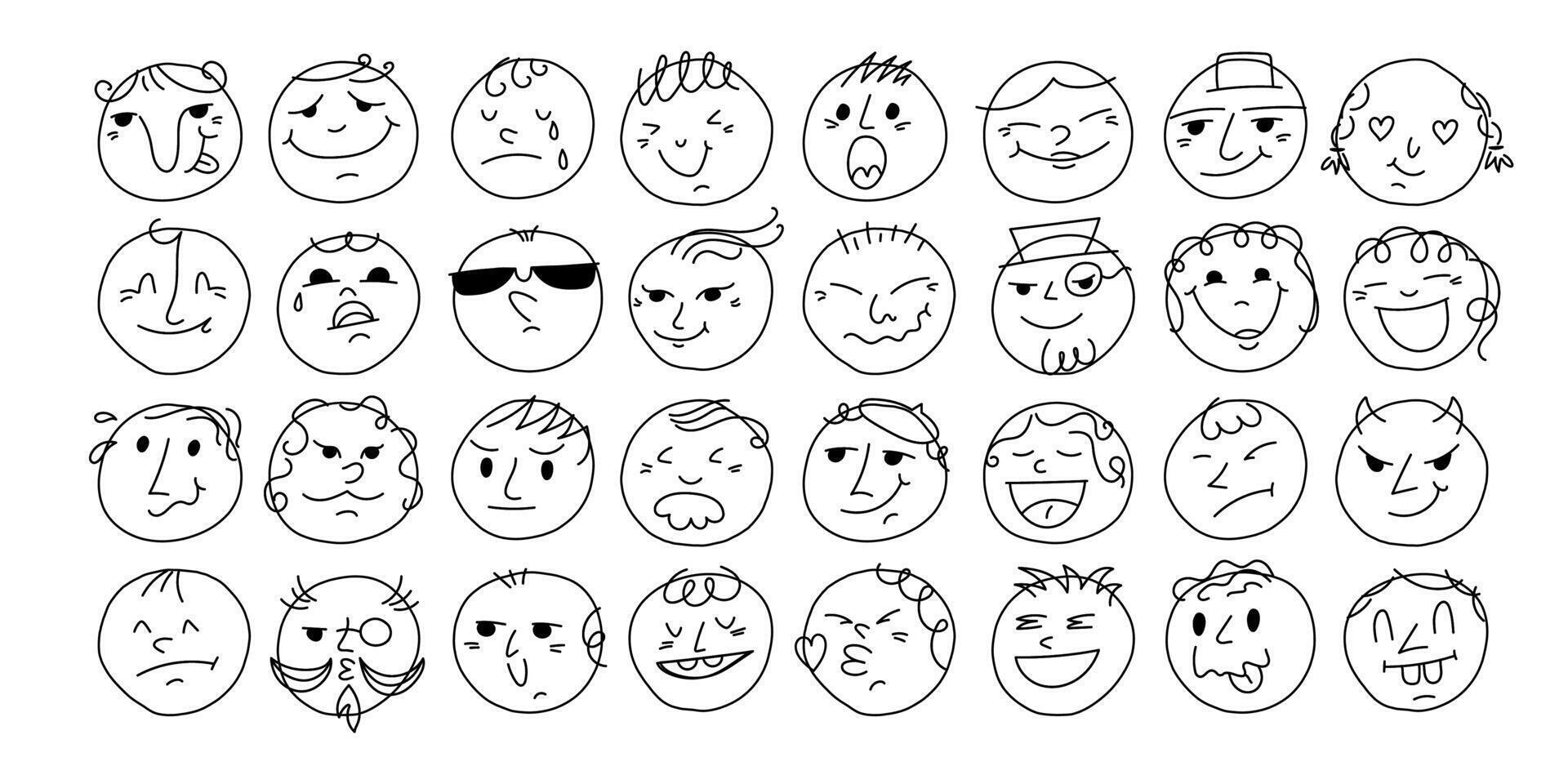Set of bright abstract comical doodle faces drawn by hand vector