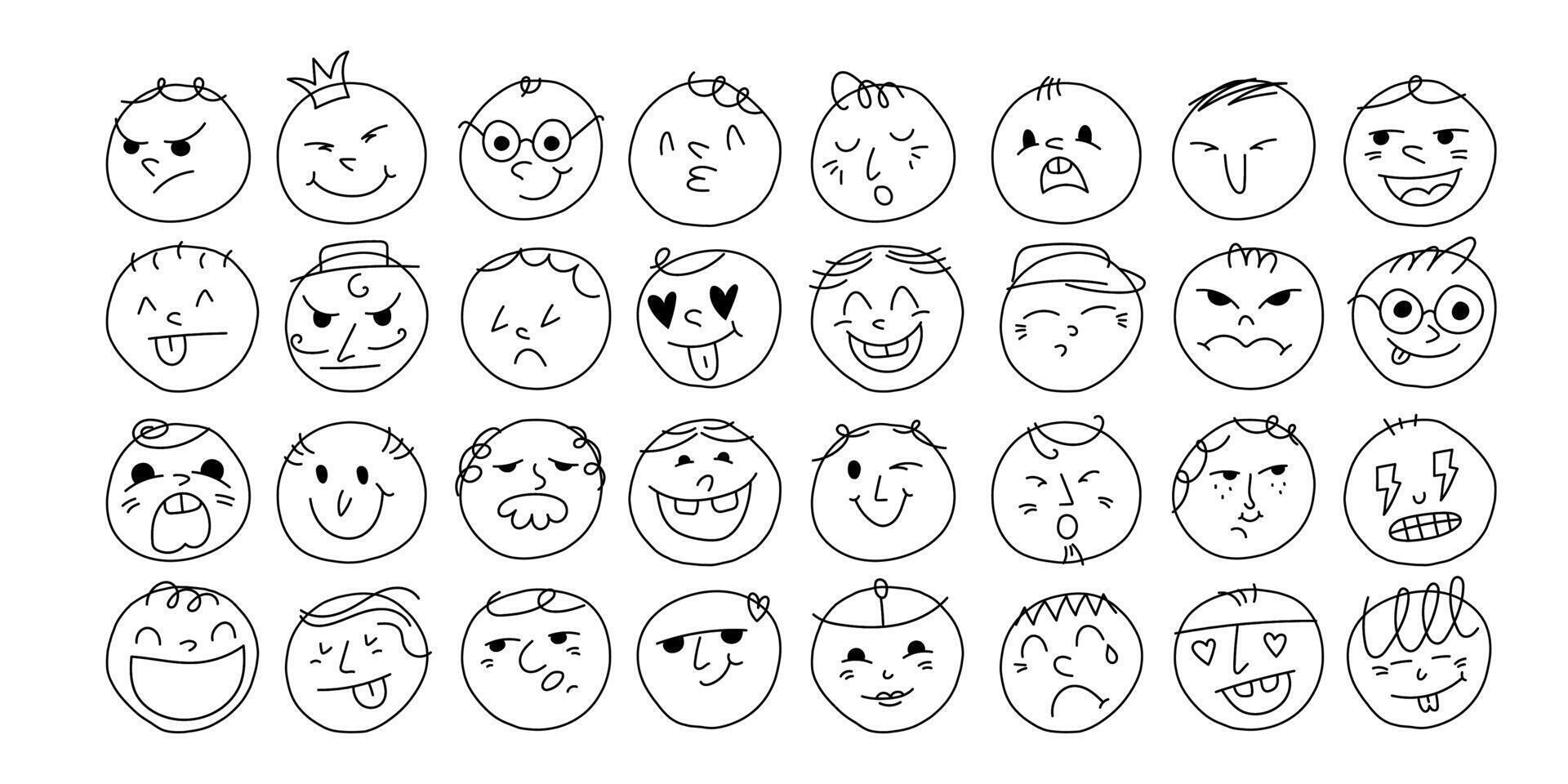 Set of bright abstract comical faces in doodle style vector