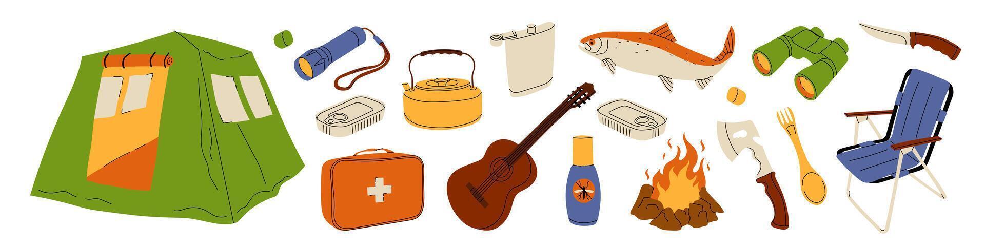Colorful illustration showing essential camping items including a tent, fire, tools, food, and equipment for outdoor adventures and survival. vector