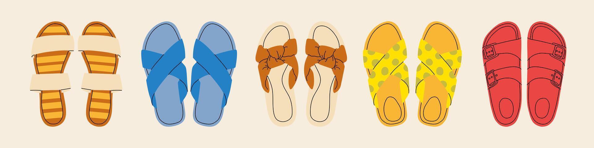 Set of bright summer women's sandals in flat style vector