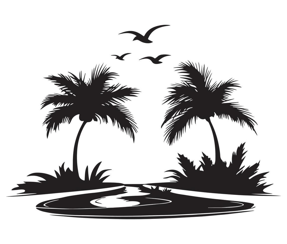 Palm trees and birds in the water vector