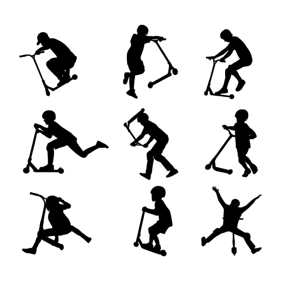 hand draw silhouette kid play scooter on white background vector